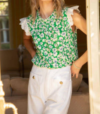 Voy - Emerald Isle Eyelet Ruffle Sleeve Print Top