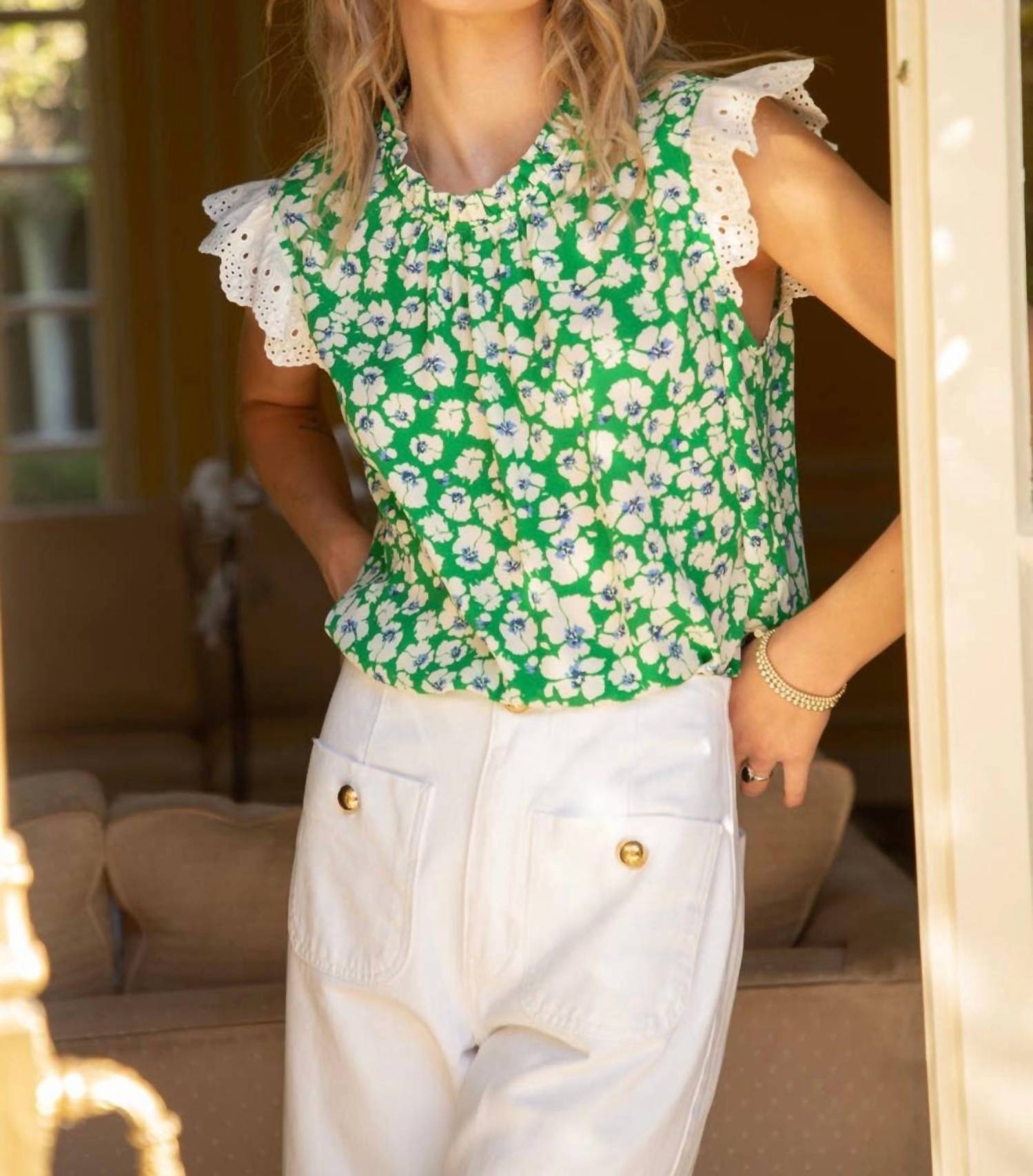 Voy - Emerald Isle Eyelet Ruffle Sleeve Print Top