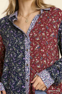 Umgee - Mixed Floral Roll Tab Shirt