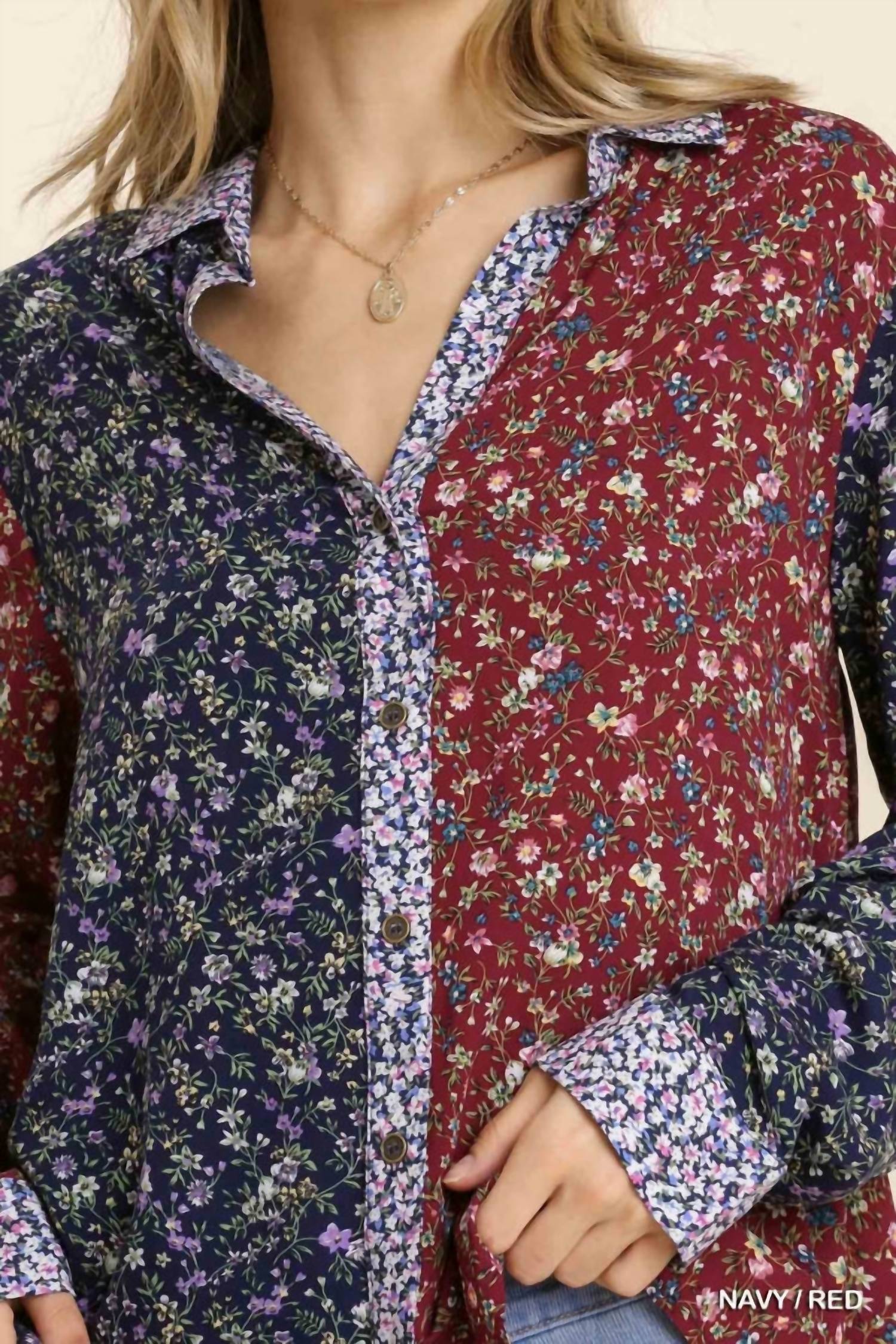 Umgee - Mixed Floral Roll Tab Shirt
