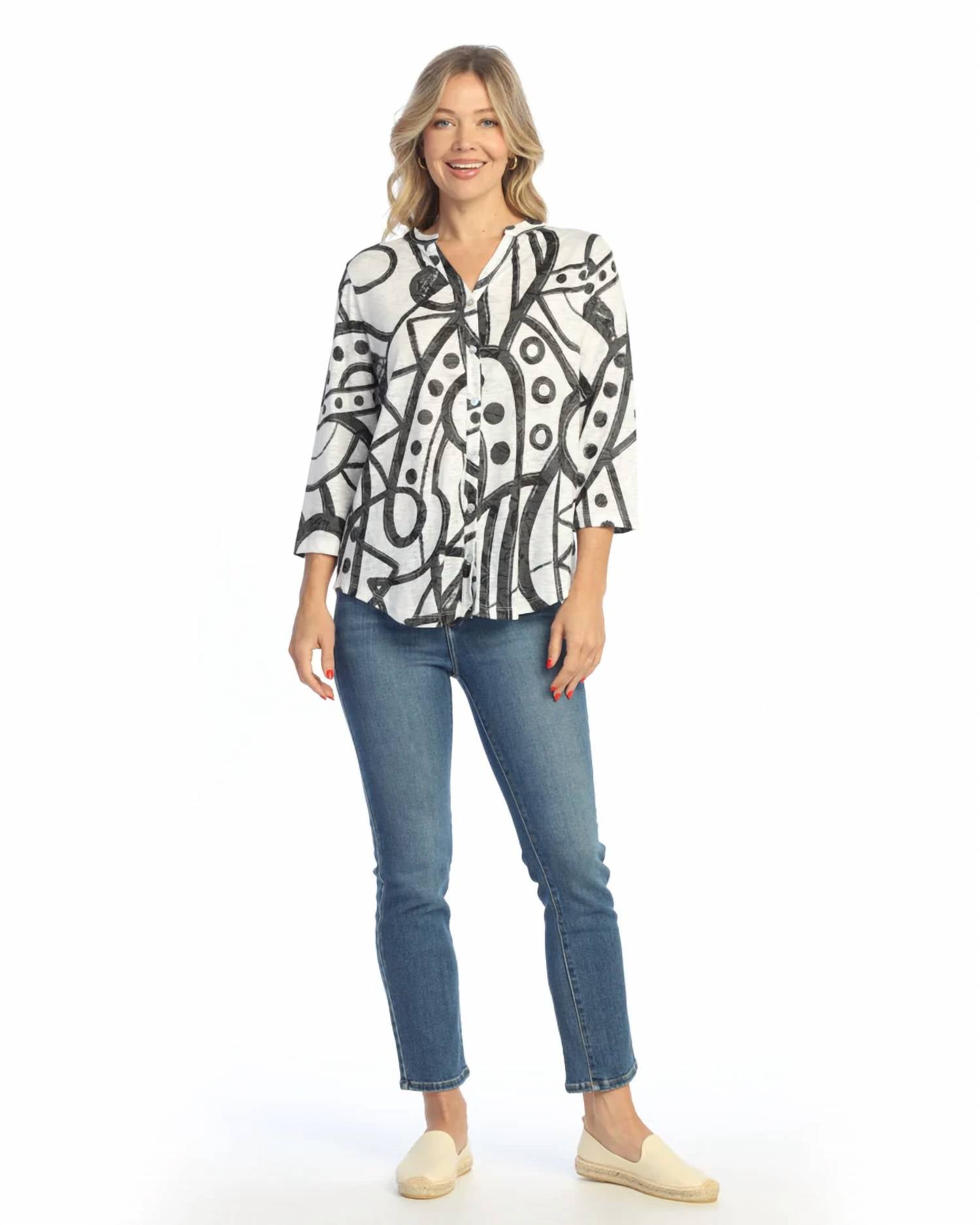Jess & Jane - Split Neck Button Front Shirt