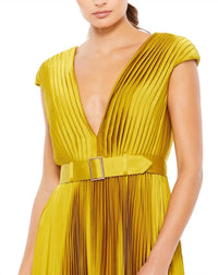 Mac Duggal - Pleated Cap Sleeve Belted A-line Dress