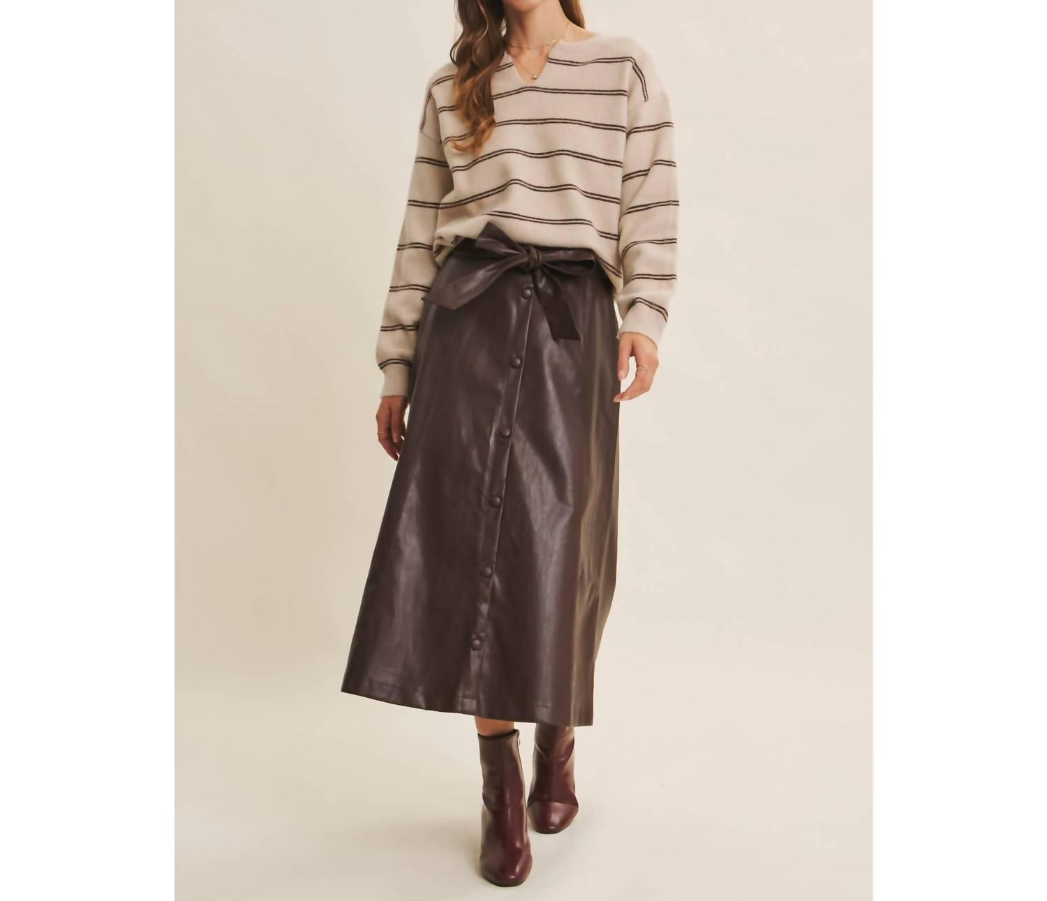 In February - Sophisticated Leather Belted Midi Skirt