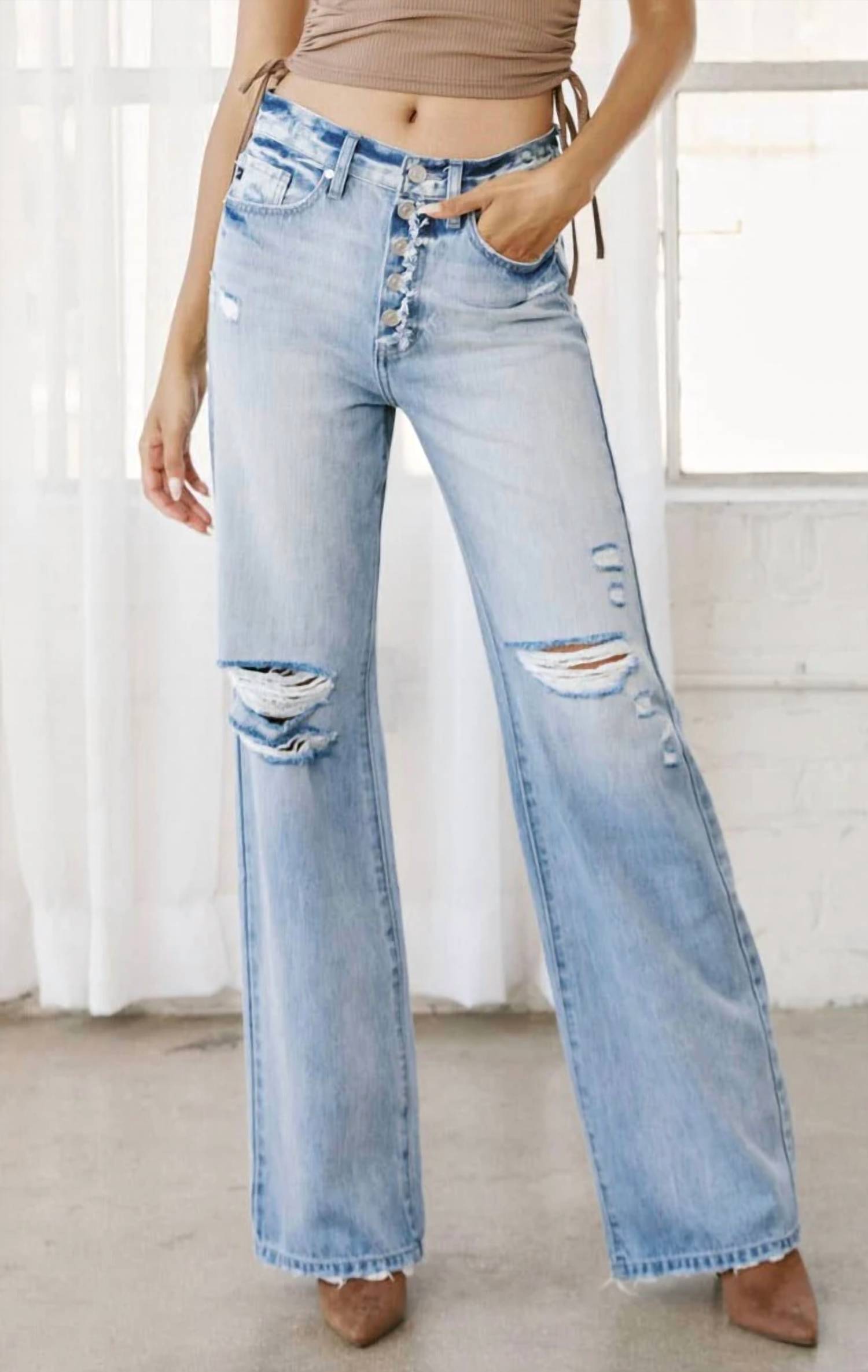 Kancan - High Rise Flare Distressed Jeans