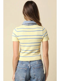 Olivaceous - Leni Striped Contrast Denim Collar Top