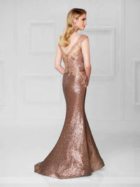 Social Occasions By Mon Cheri - Bronze Lace Sequin Long Gown