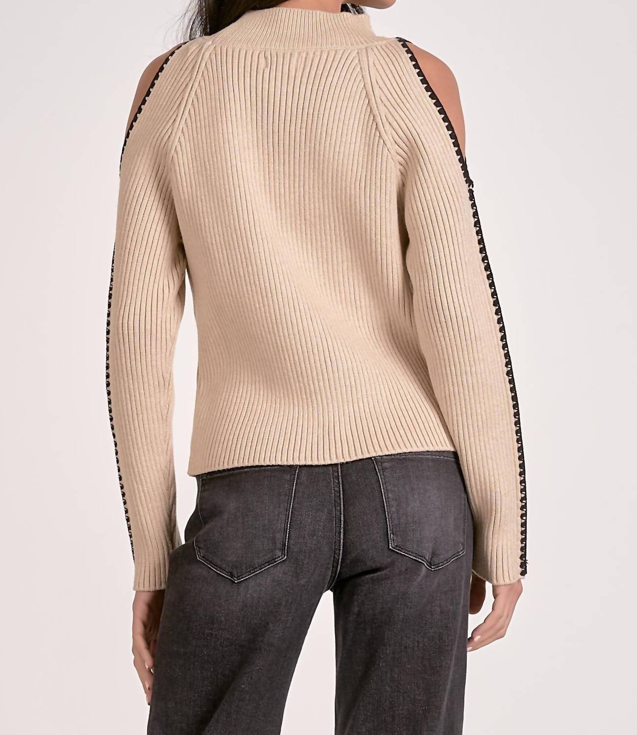Elan - Contrast Trim Cold Shoulder Sweater