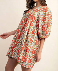 GiGiO Babydoll Blossom Floral Puff Sleeve Dress in coral cream - women's dress - alternate view