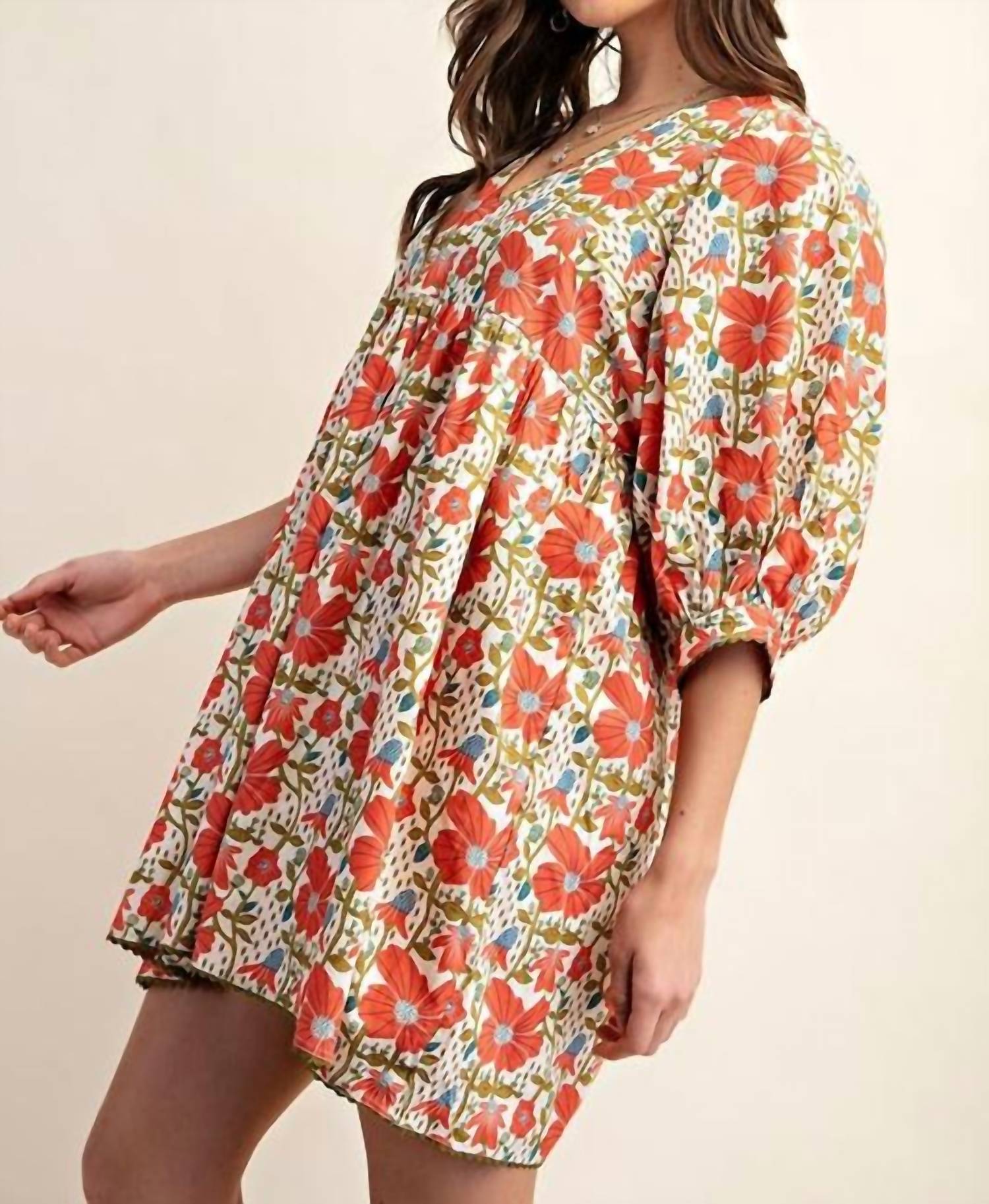 GiGiO Babydoll Blossom Floral Puff Sleeve Dress in coral cream - women's dress - alternate view