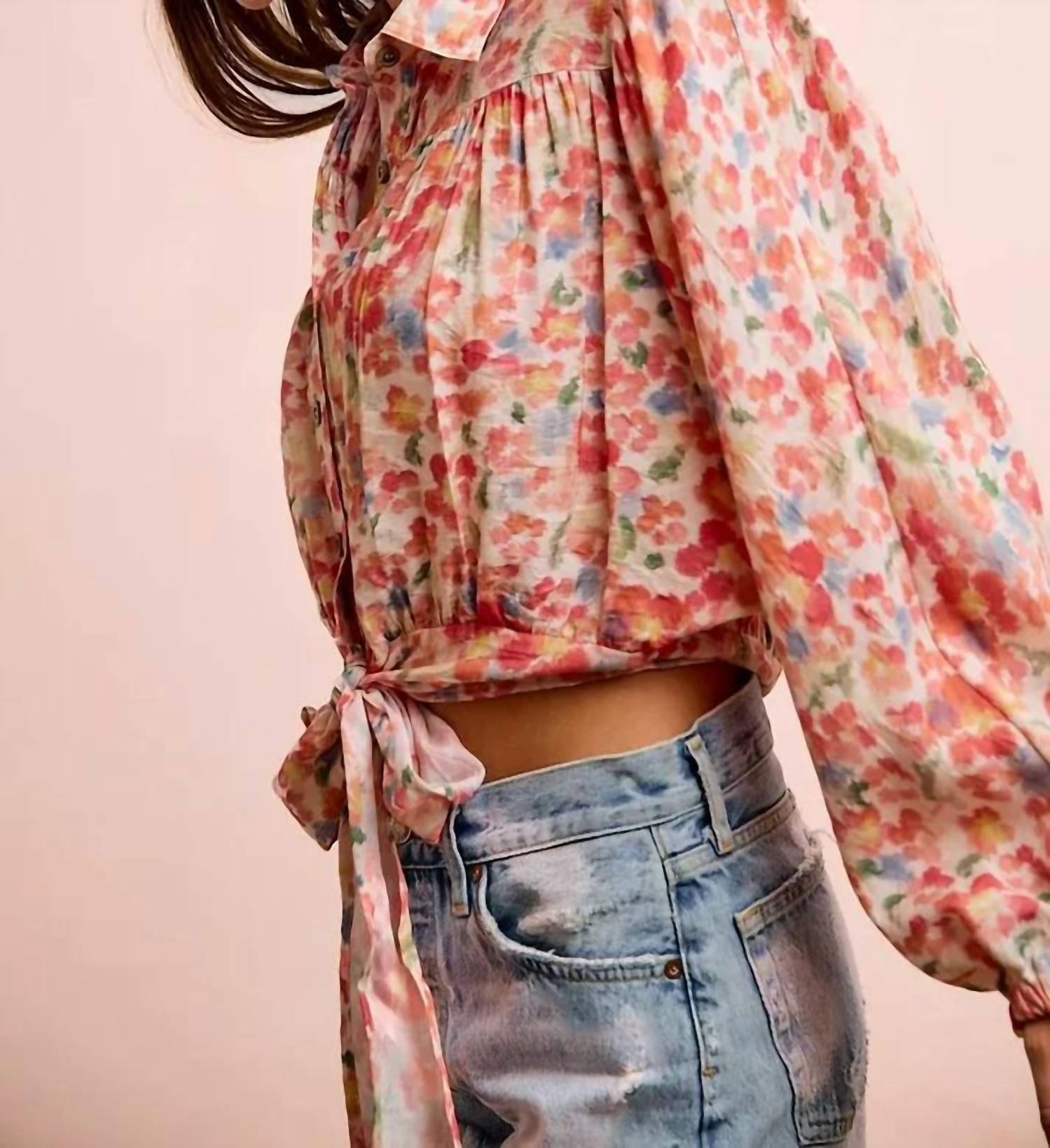 Bibi - Floral Print Tie Hem Detail Crop Shirt