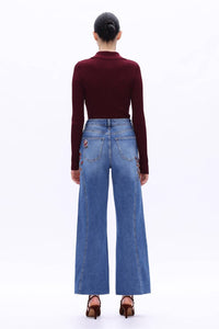 Bayeas High Rise Floral Embroidered Wide Leg Jeans in medium blue - women's jeans - detail view