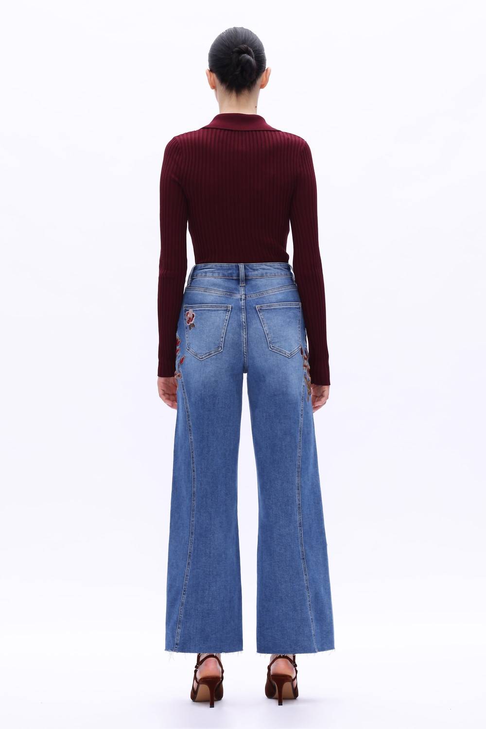 Bayeas High Rise Floral Embroidered Wide Leg Jeans in medium blue - women's jeans - detail view