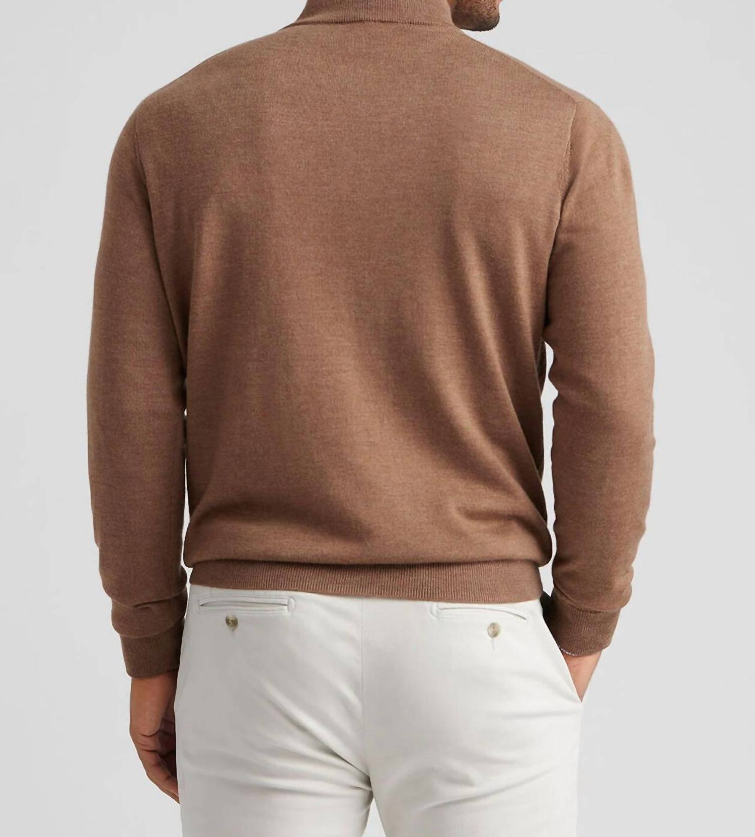 PETER MILLAR Autumn Crest Suede Trim Quarter Zip Sweater in british tan - men's sweater - detail view