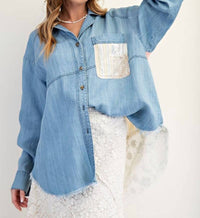 Easel - Mixed Patchwork Washed Chambray Button Down Shirt