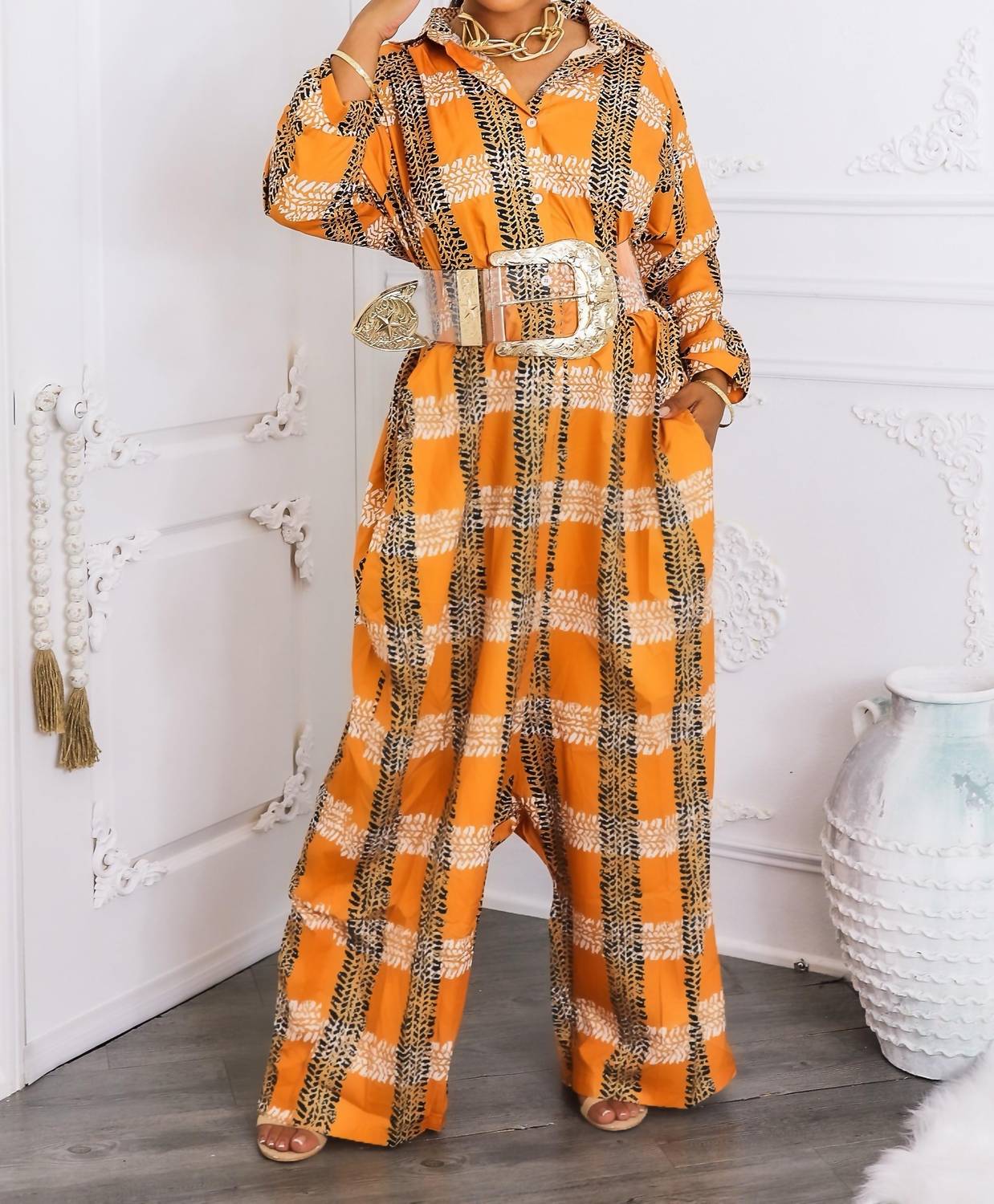 Surelymine - Oversized Tribal Print Button-up Kimono Jumpsuit