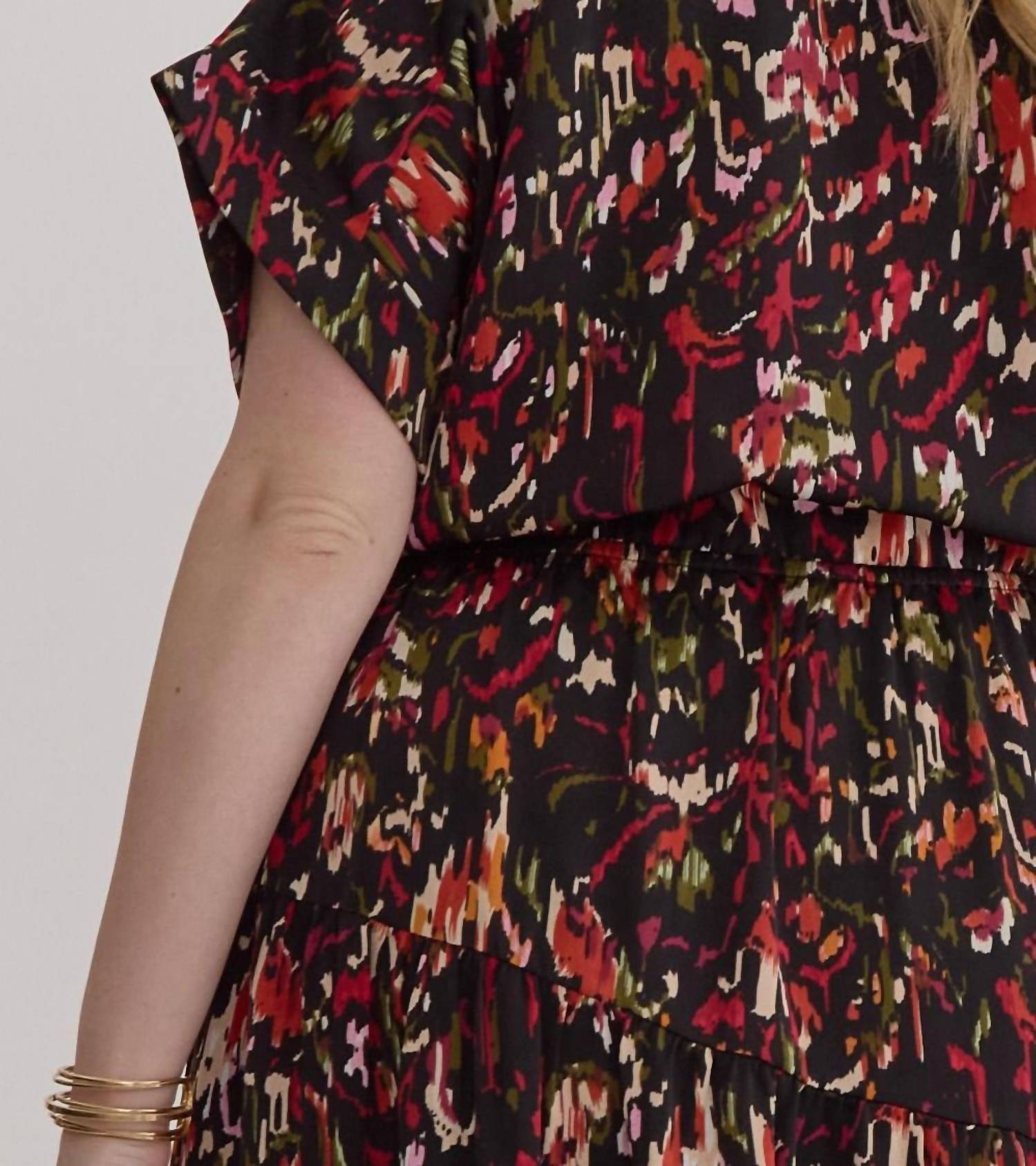 Entro - Satin V-neck Collared Midi Dress - Plus