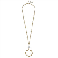 CANVAS Style Women's Belle Studded Flower & Pearl Necklace in worn gold - women's jewelry - detail view