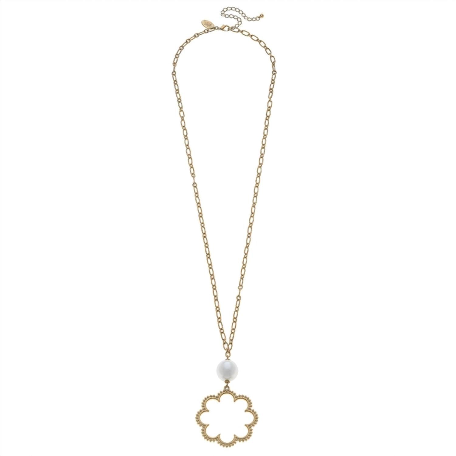 CANVAS Style Women's Belle Studded Flower & Pearl Necklace in worn gold - women's jewelry - detail view