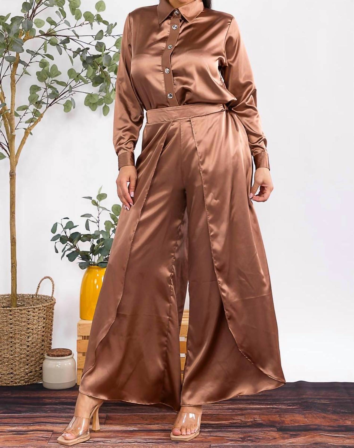 Karen T Design - Button Down Shirt And Open Pants Set