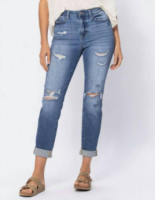 Judy Blue - High Waist Cuffed Distressed Boyfriend Jeans