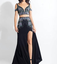 Rachel Allan - Beaded Jersey Two-piece Gown With Slit