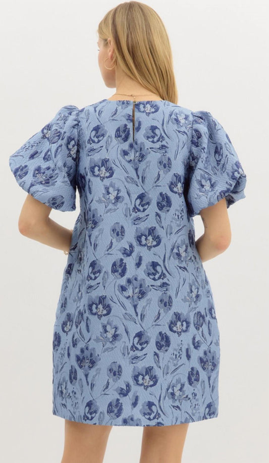Entro - Floral Jacquard Bubble Sleeve Mini Dress