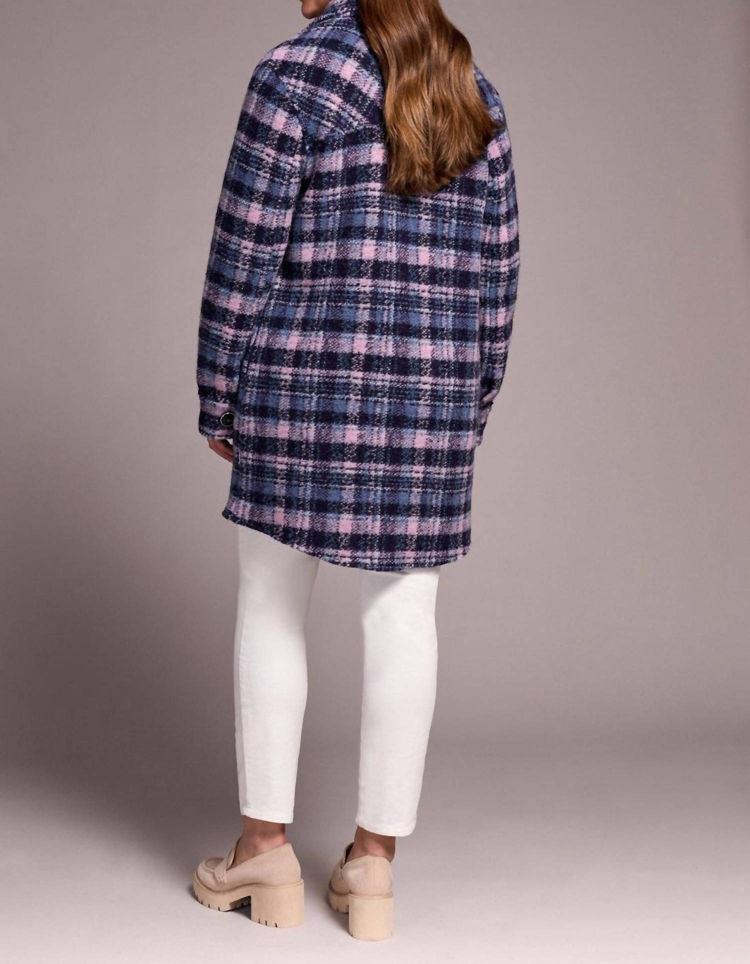 TRIBAL Women's Knit Plain Notch Collar Shacket in blue - women's jacket - detail view