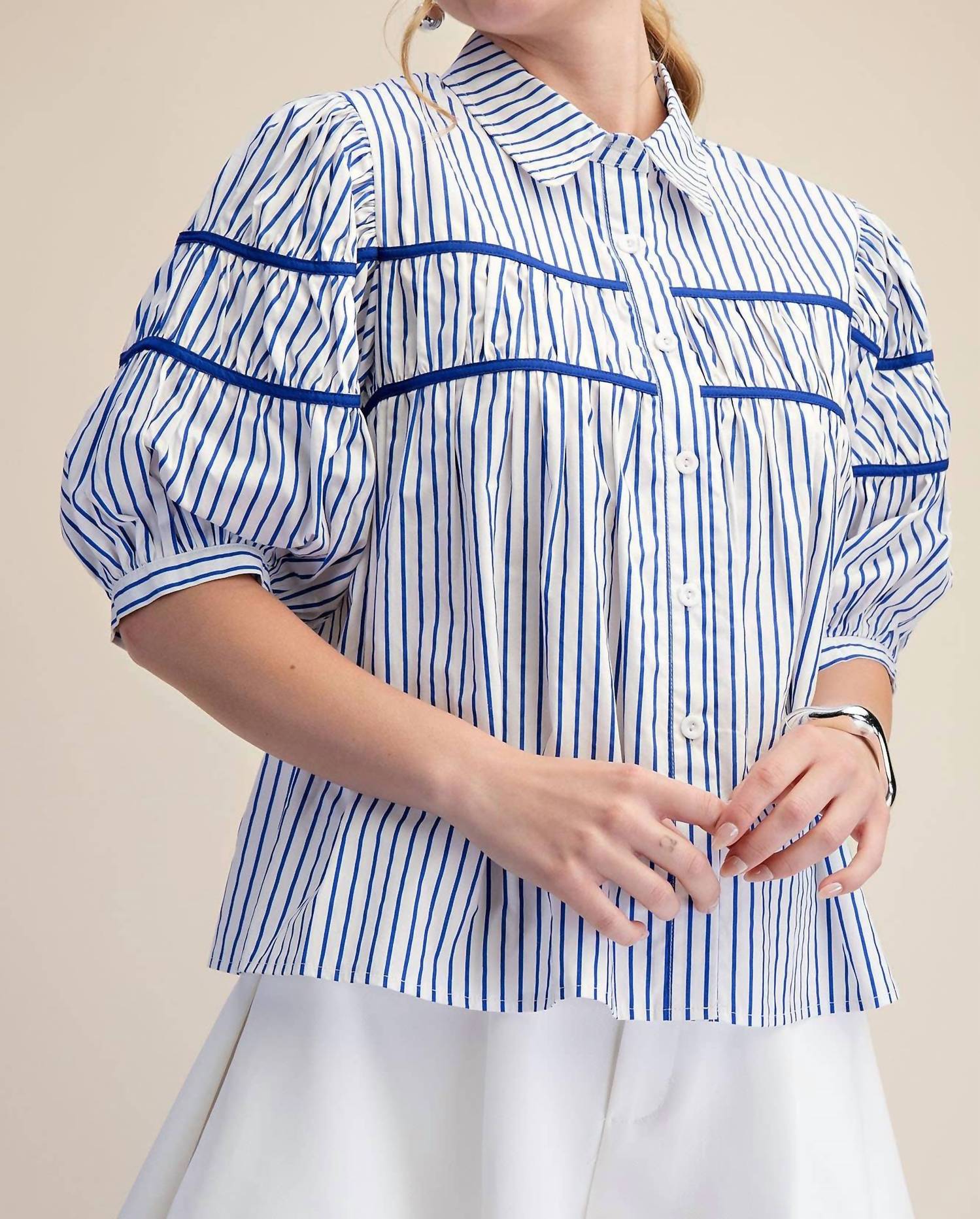 Glam - Puff Sleeve Contrast Detail Stripe Shirt Top