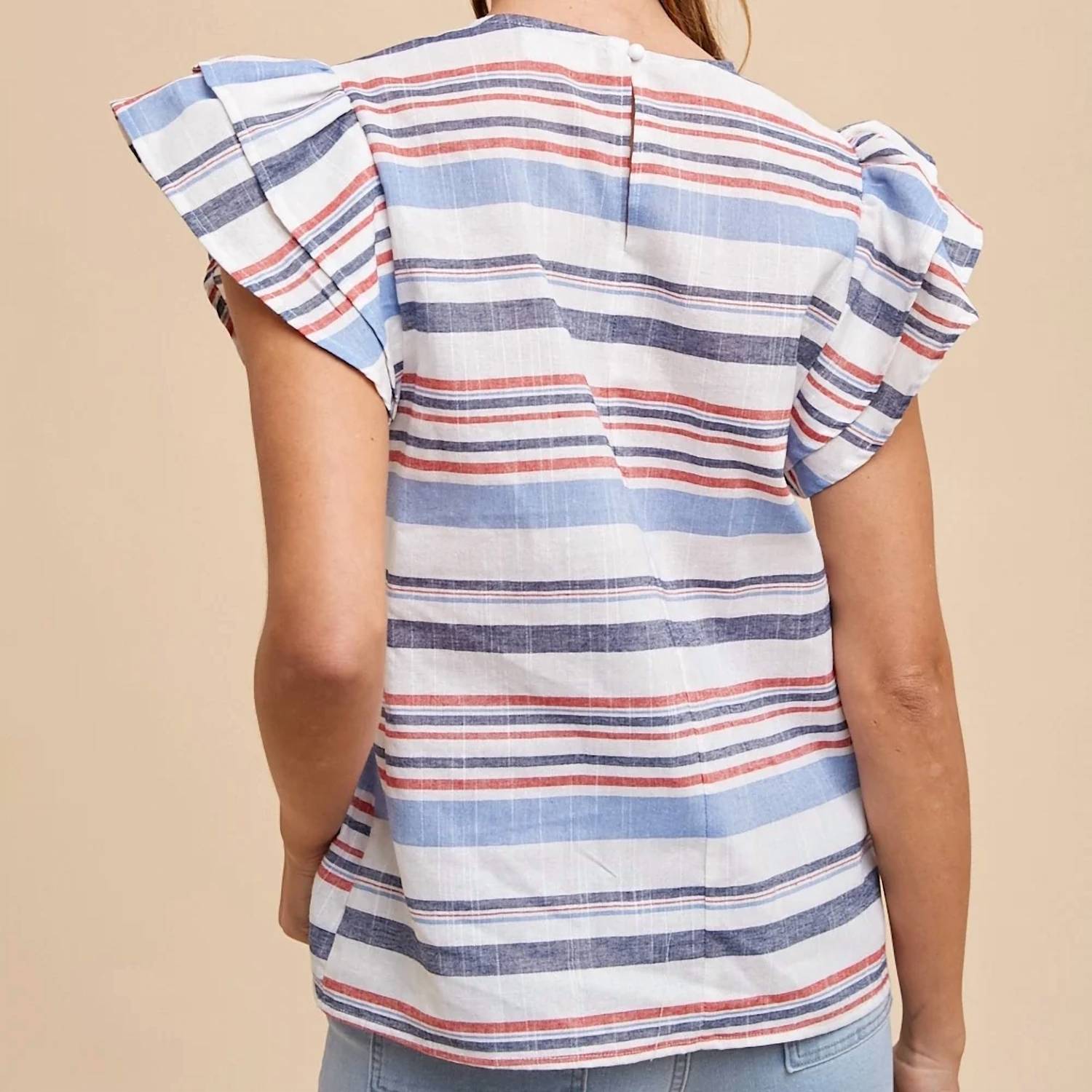 Anniewear - Striped Ruffle Sleeve Top