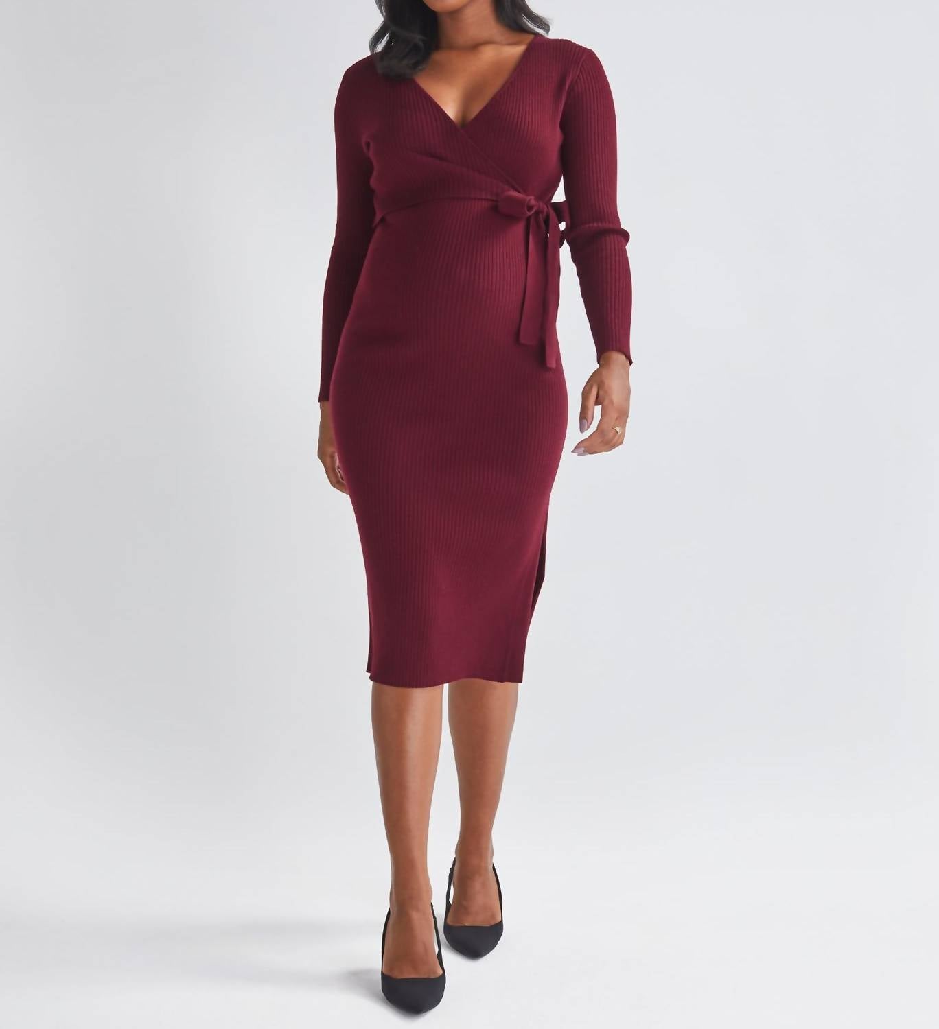 Angel Maternity Wool Knit Maternity Midi Dress in red - women's dress