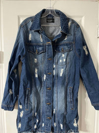 Blue Age - Women's Long Denim Distressed Jacket With Pockets