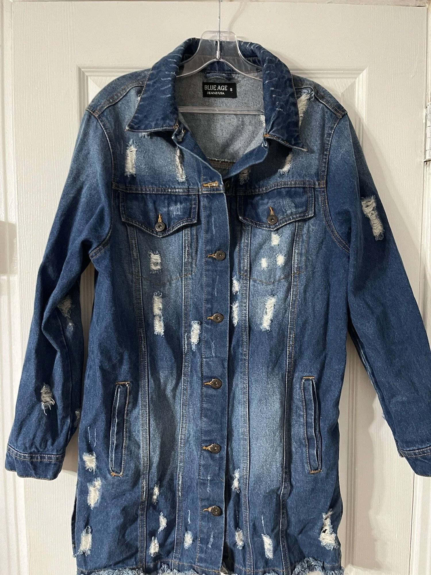 Blue Age - Women's Long Denim Distressed Jacket With Pockets