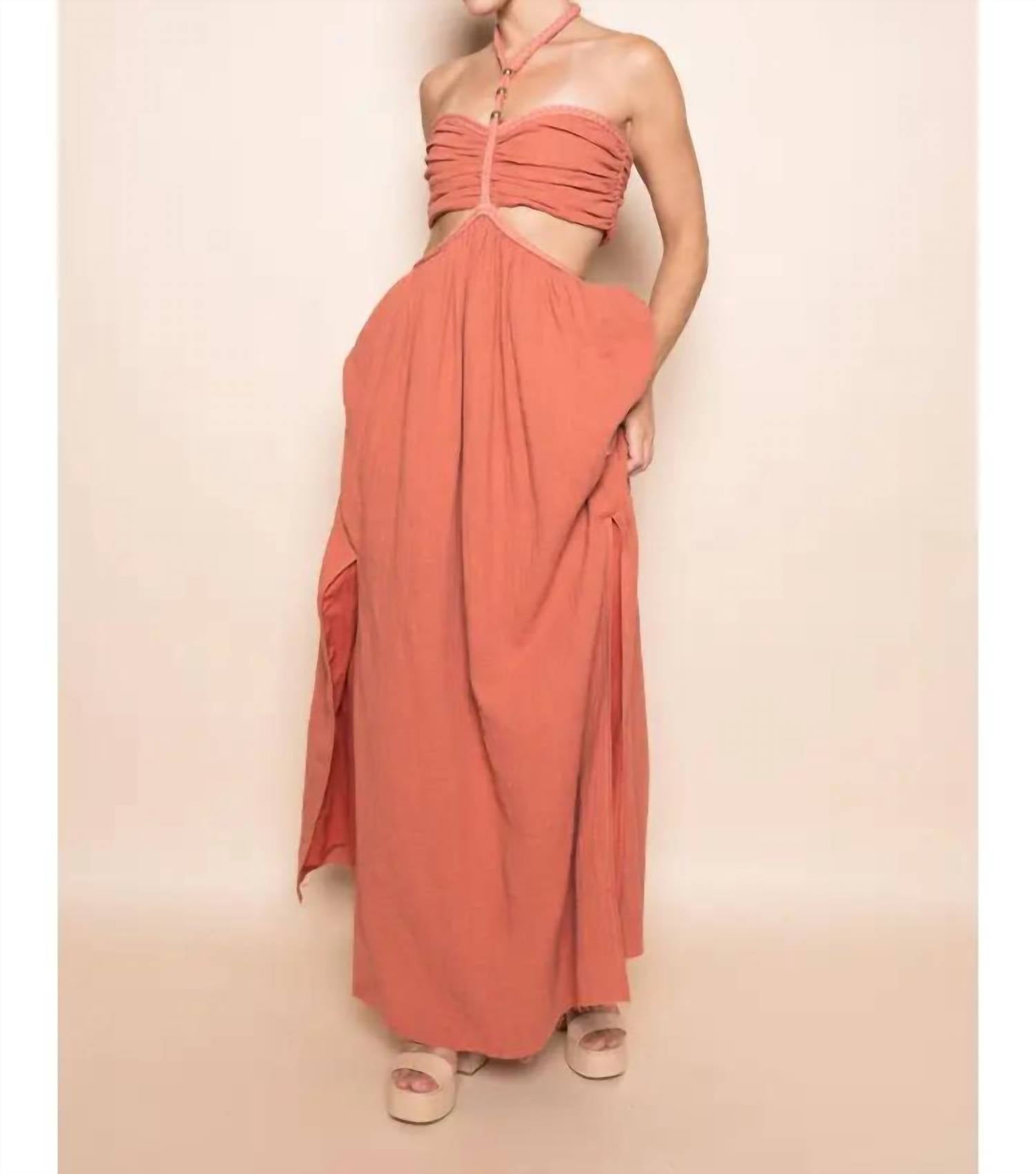 Fore Collection - Braided Strap Gold Beadin Cut Out Waist Maxi Dress