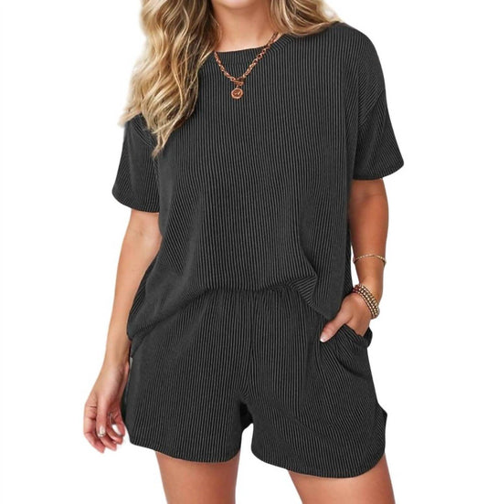 Anna-Kaci - Ribbed Texture Round Neck Shirt and Short Set