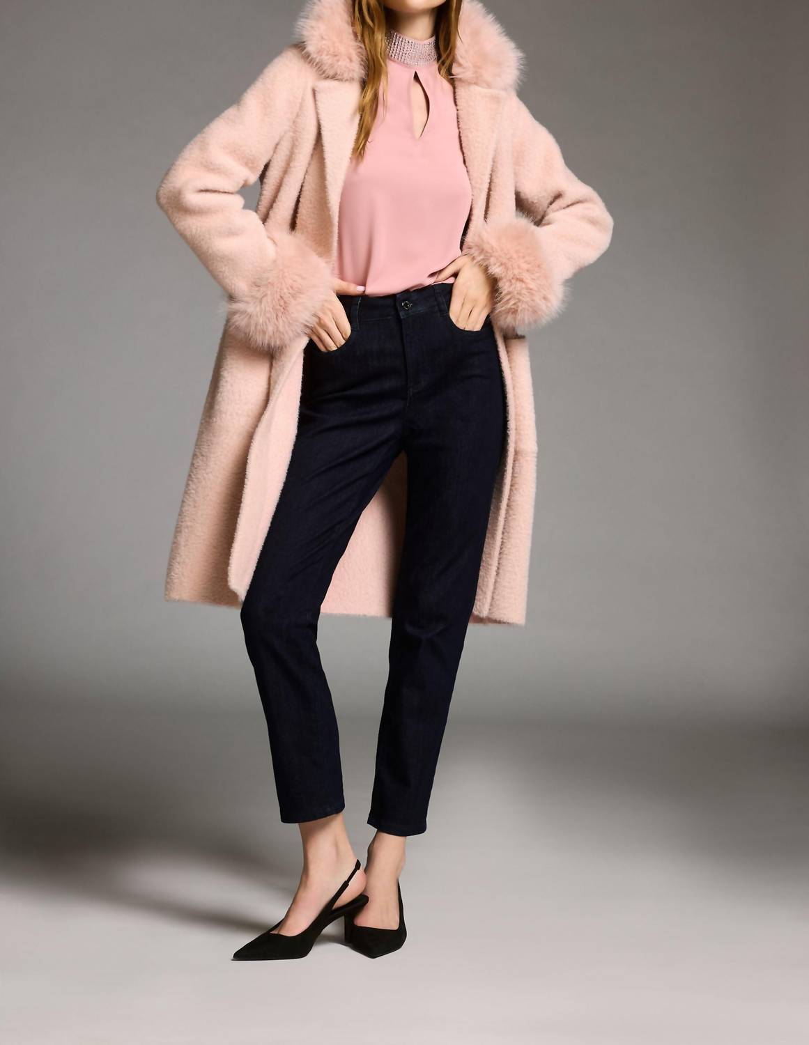 Joseph Ribkoff - Detachable Faux Fur Trim Long Sleeve Coat