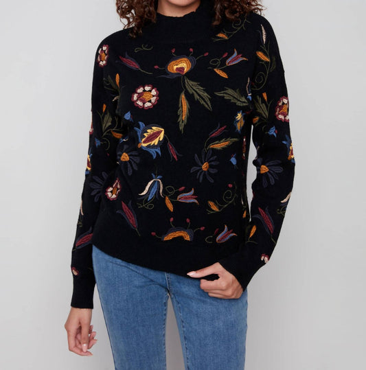 Charlie B - All Over Embroidered Mock Neck Sweater