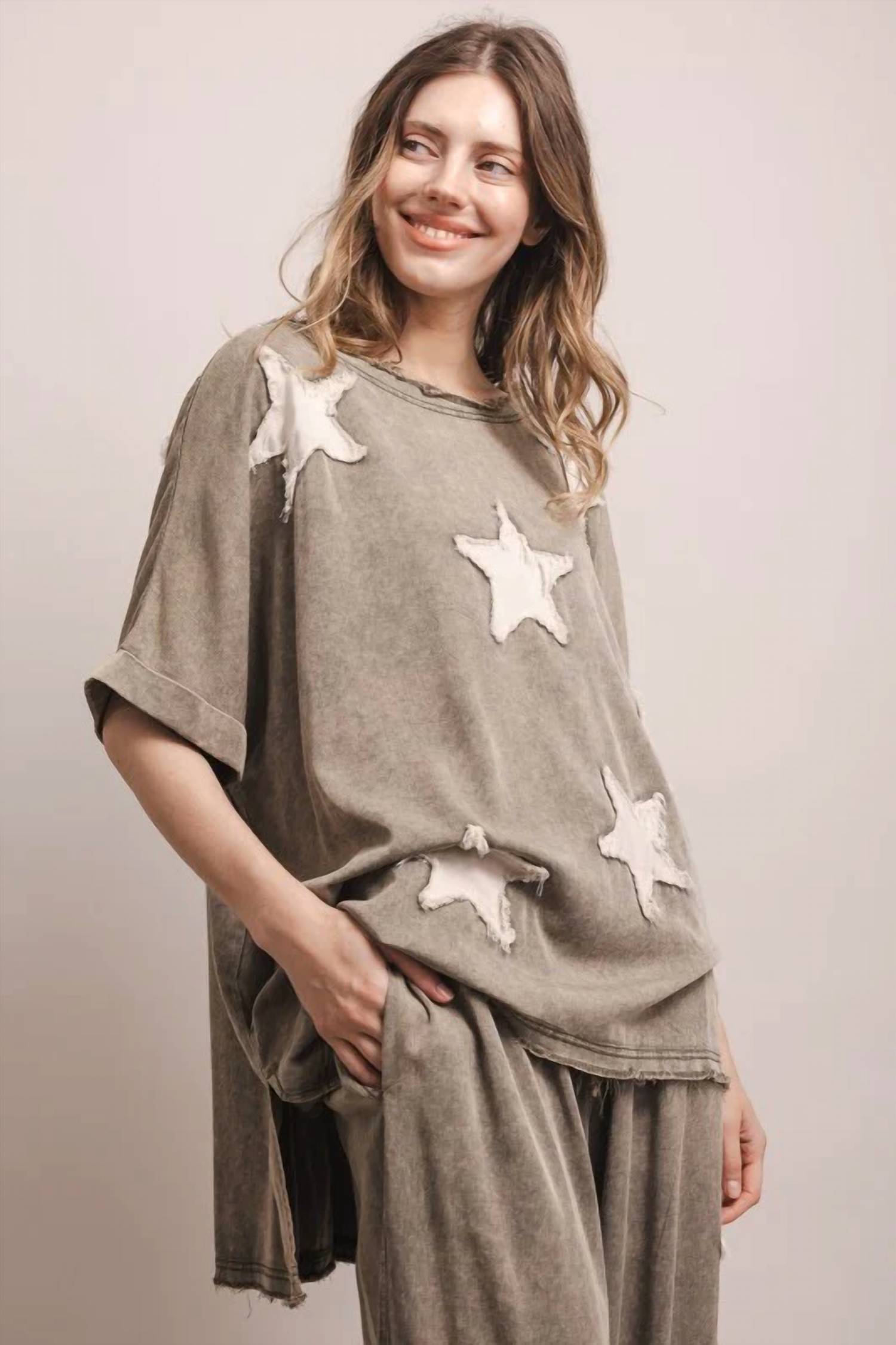 Blue Velvet - Star Patch Work Short Sleeve Top And Wide Leg Pant Set