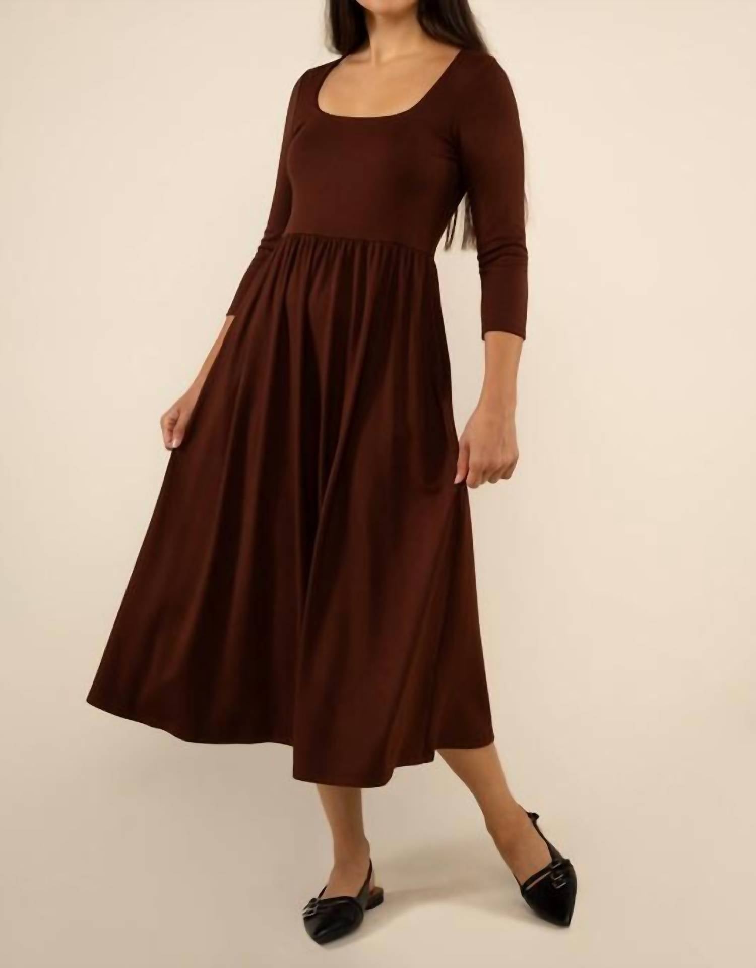 nlt Lake 3/4 Sleeve Swing Dress in chocolate - women's dress - detail view