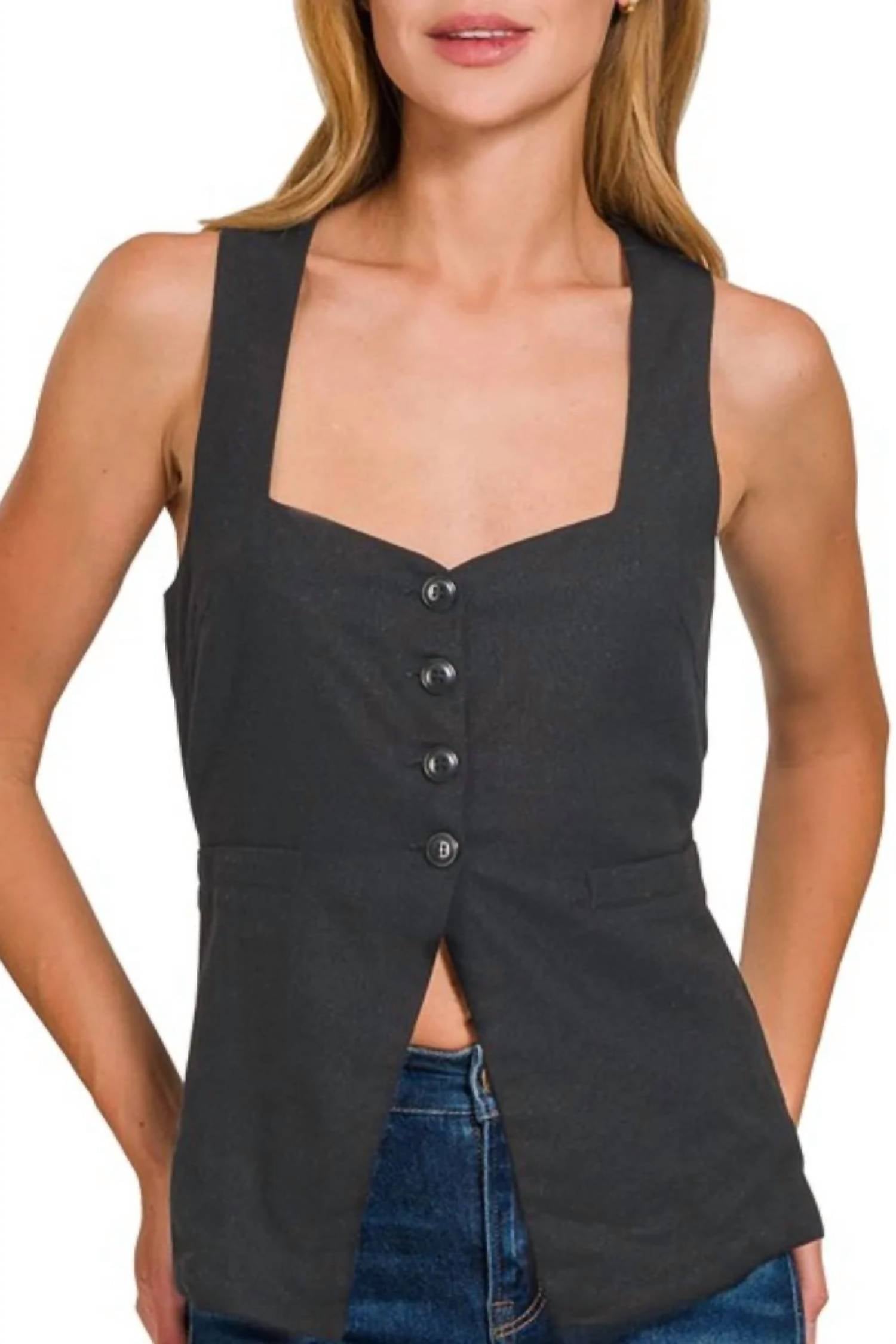Zenana - Linen Tie-back 4-button Vest With Lining
