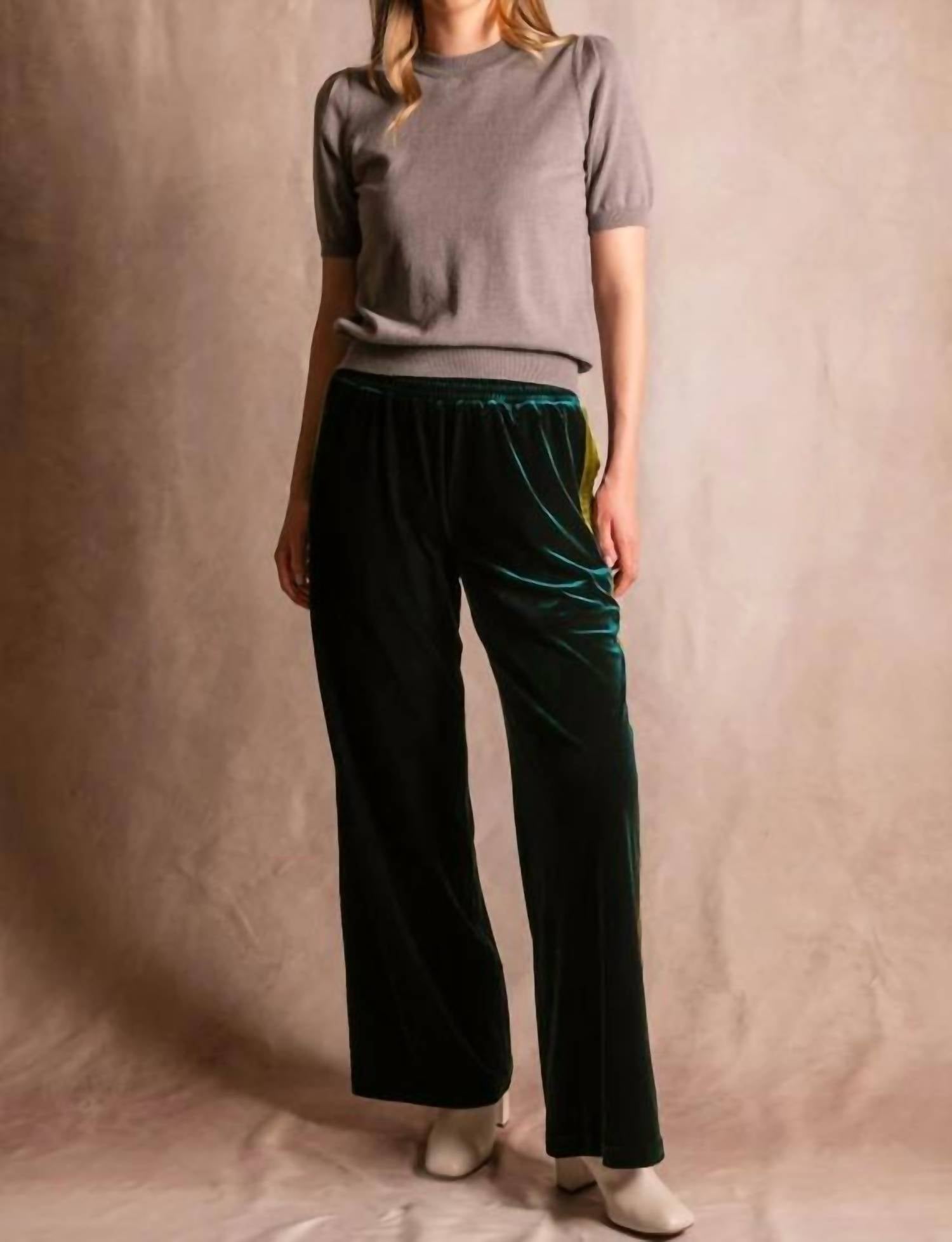Before You Velvet Contrast Side Stripe Pant in green - women's pants