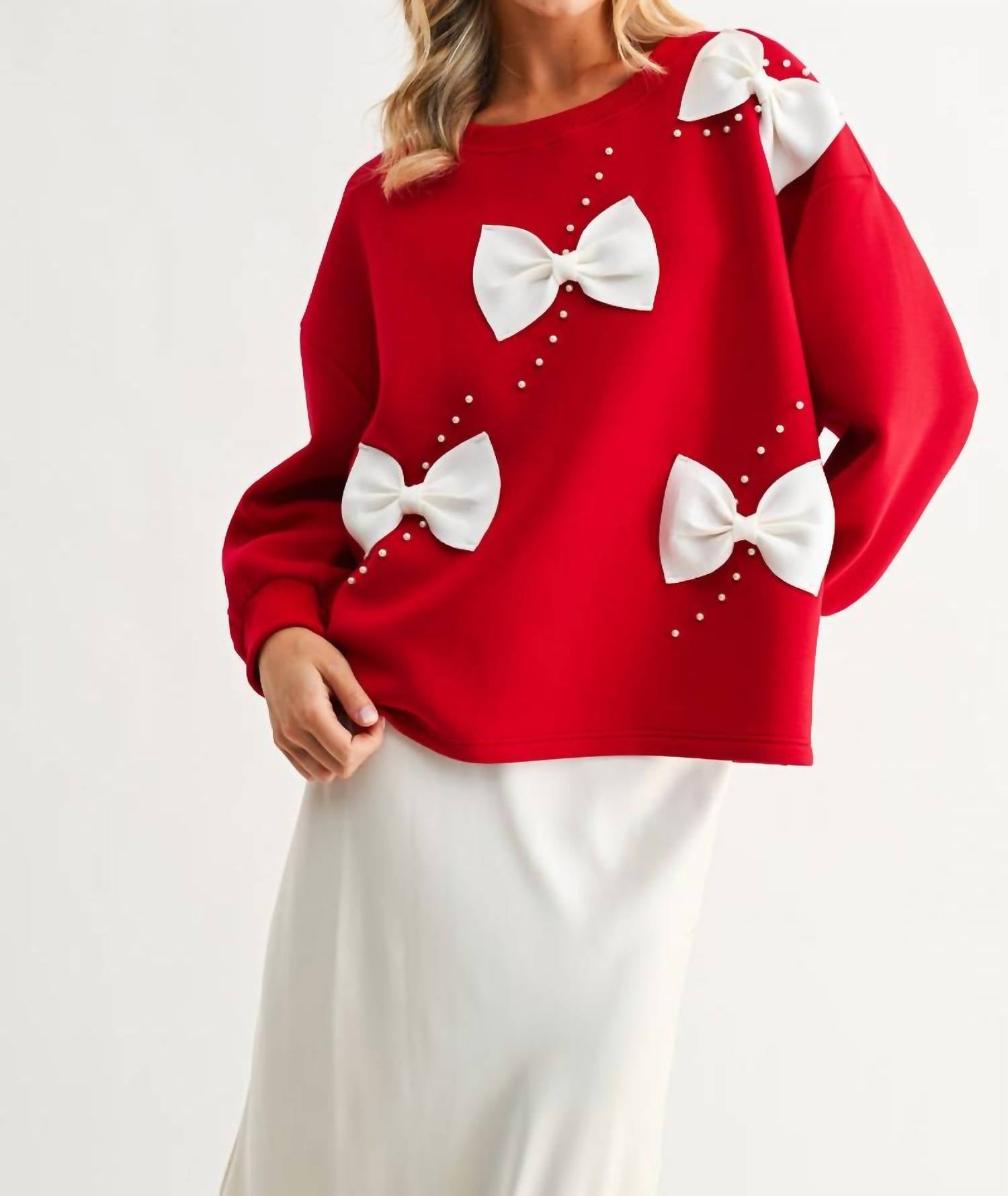 Joh Flora French Scuba Ribbon-bow Top in red white - women's sweater