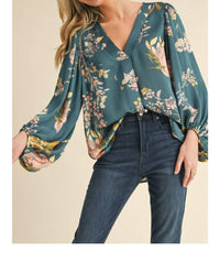 Jodifl Satin Floral Print Blouse With Bubble Sleeves in teal - women's blouse - view 5