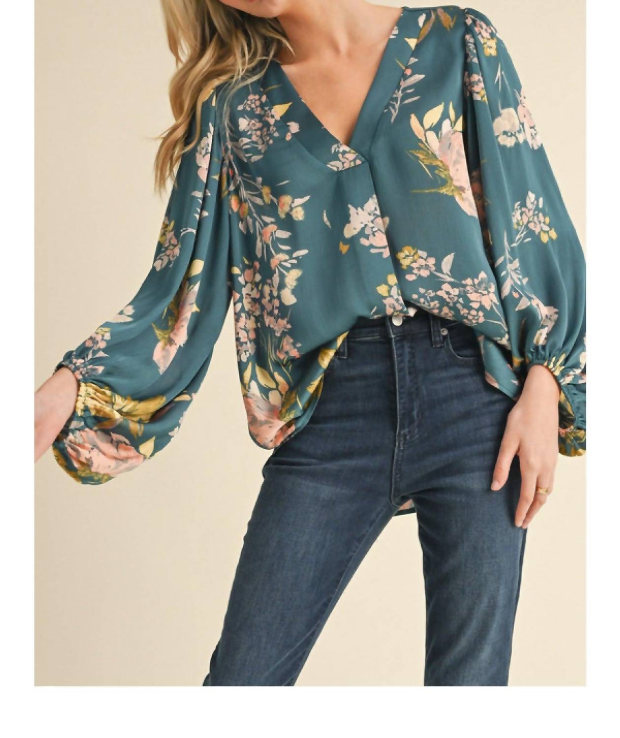 Jodifl Satin Floral Print Blouse With Bubble Sleeves in teal - women's blouse - view 5