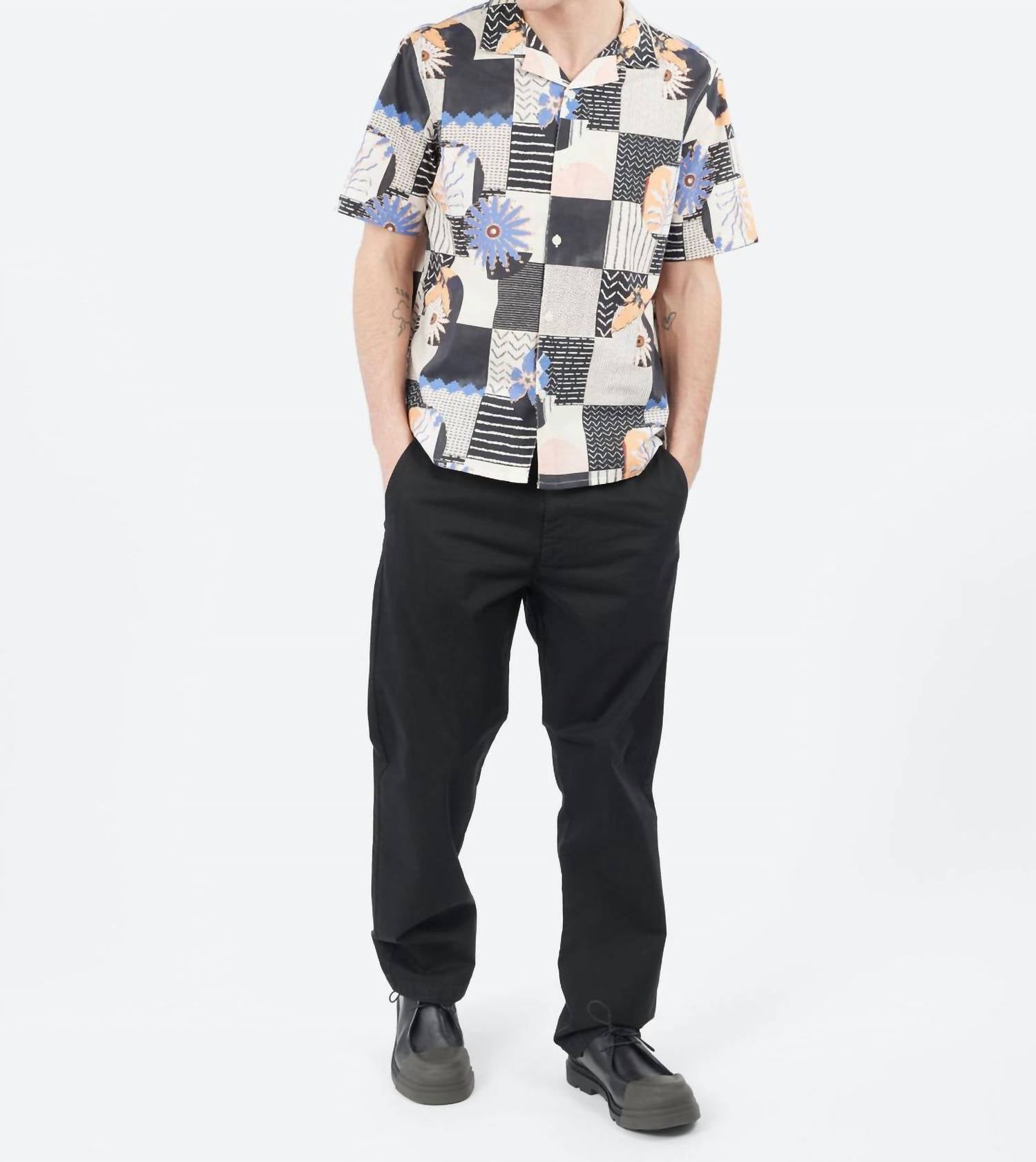 Wax London Didcot Grid Floral Short Sleeve Shirt in black multi - men's shirt - detail view