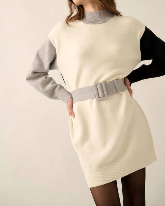 Promesa - Colorblock Knit Belted Mini Sweater Dress