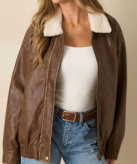 Blu Pepper - Faux Leather Shearling Collar Zip Up Jacket