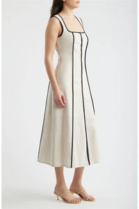 Zoe And Claire - Contrast Piping Square Neck Button-up Midi Dress