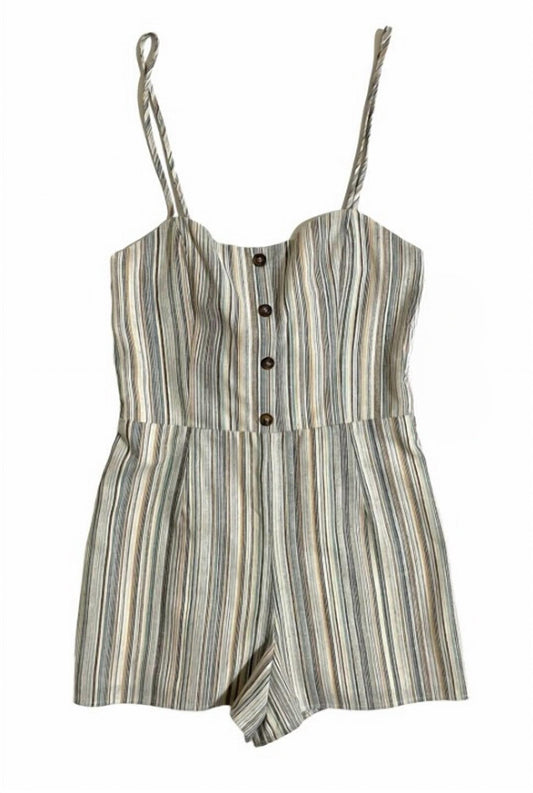 Fashion On Earth - Women's Striped Elastic Back Tie Kinen Cotton Romper