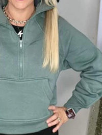 ZENANA Fleece Half Zip Kangaroo Pocket Sweatshirt Top in green - women's top - detail view