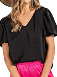 ee:some Bella V-neck Puff Top in black - women's t-shirt - detail view